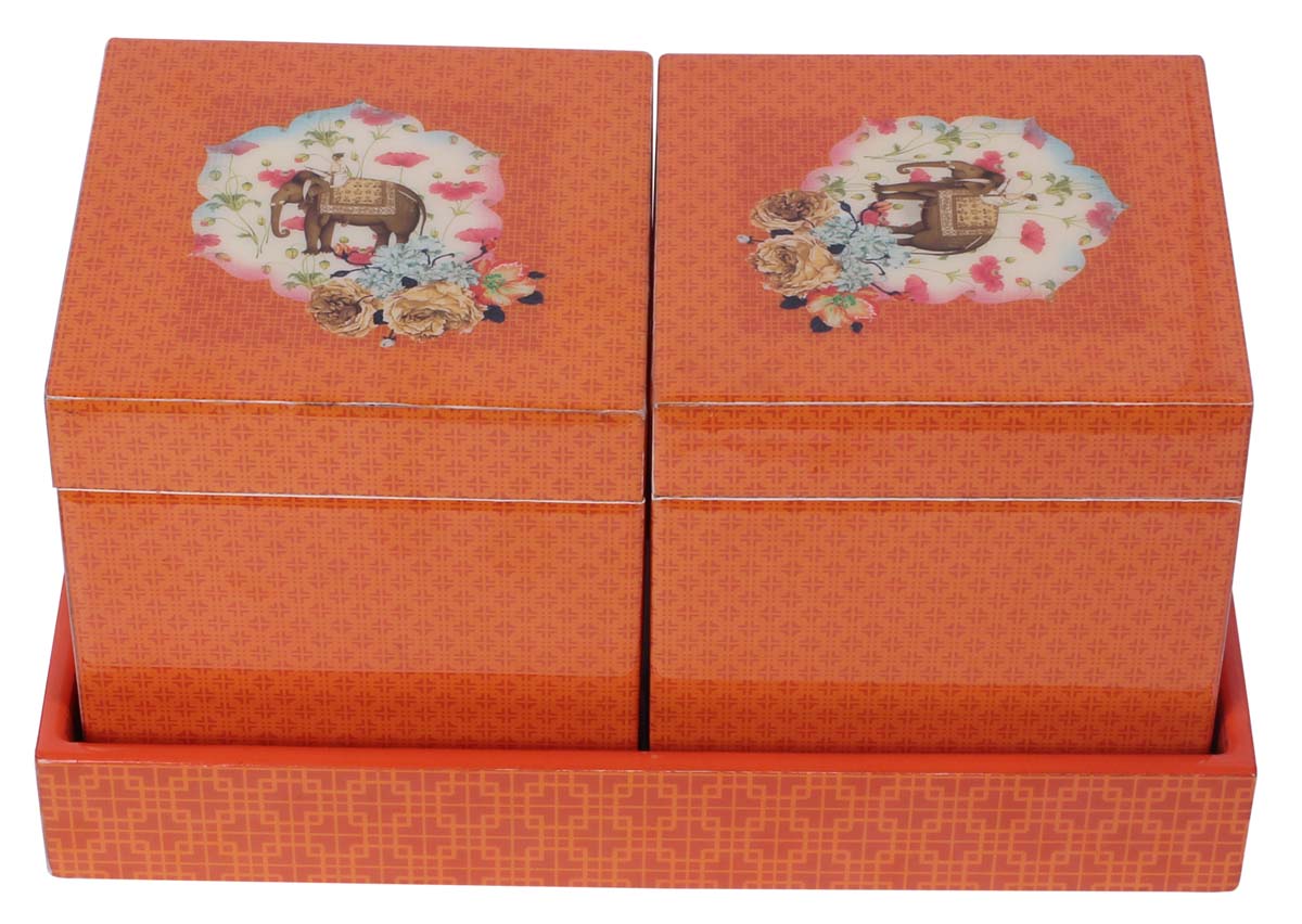 10.5” Elephant Storage Boxes / Containers with Tray in MDF - Set of 2 - Orange - Kitchen Essentials / Decor from India - Buy in Bulk Wholesale